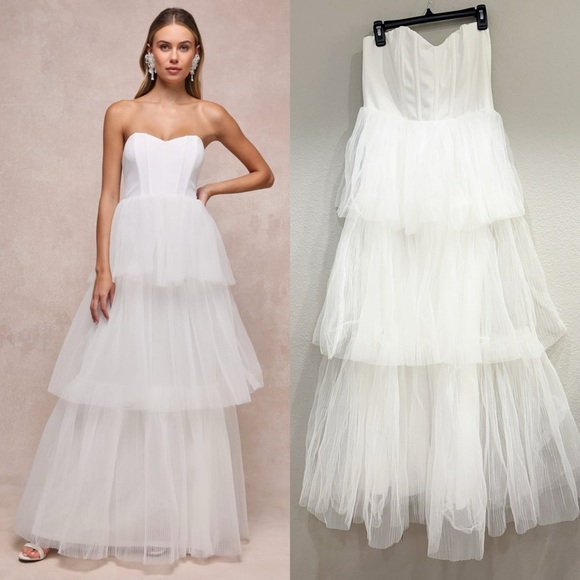 Sz XL NWOT Lulus Exquisite Enchantment White Tulle‎ Tiered Strapless Gown - Picture 1 of 9
